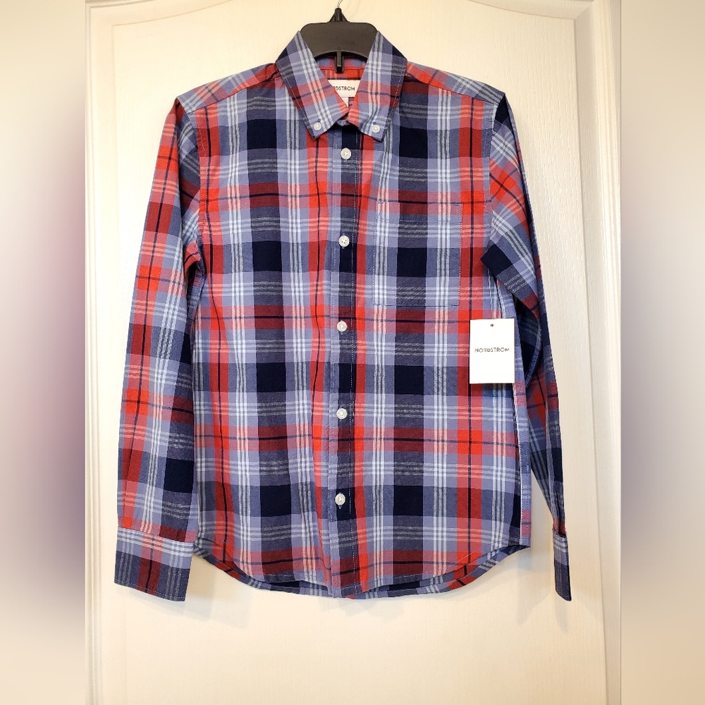 Nordstrom Boys Red, Navy & Light Blue Plaid Button-Down Shirt